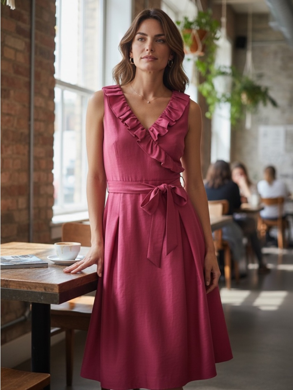 Jessica Howard Hot Pink Ruffled V-Neck Tie-Waist Dress size 12